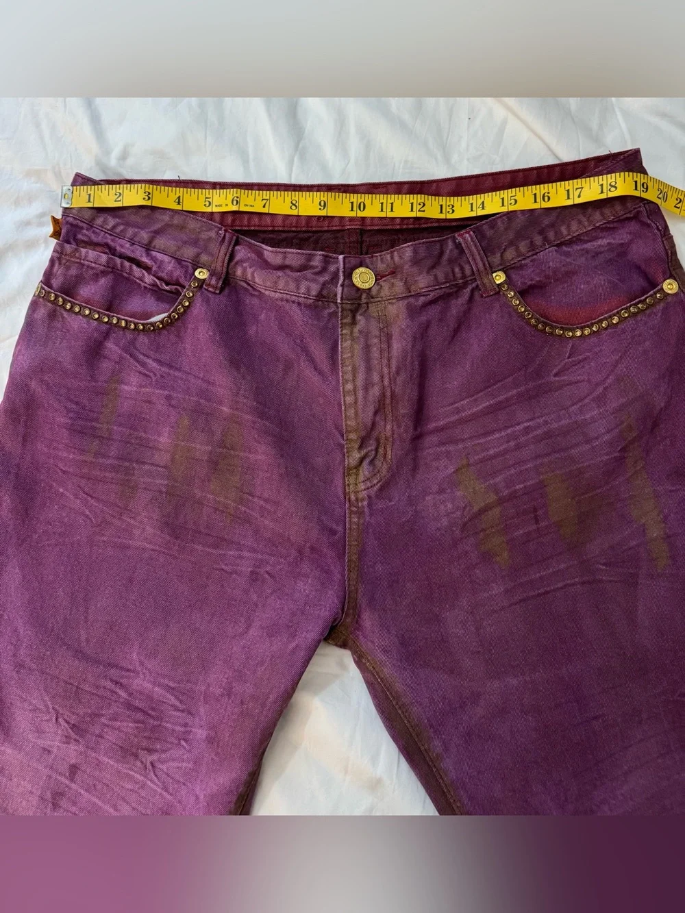 Robin's Jean Men's Burgundy Gold Acid Wash Tie Dye Straight Studded Jeans Sz 42